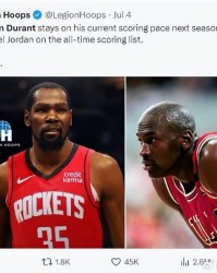 KD打SG将创纪录？美媒晒差1721分超乔丹：1数据历史唯一得分手